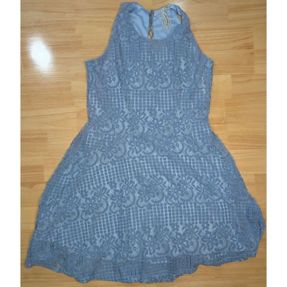 Ultra Pink Blue Lace Fit & Flare Dress Youth Large Lined Zip Back Party School‎